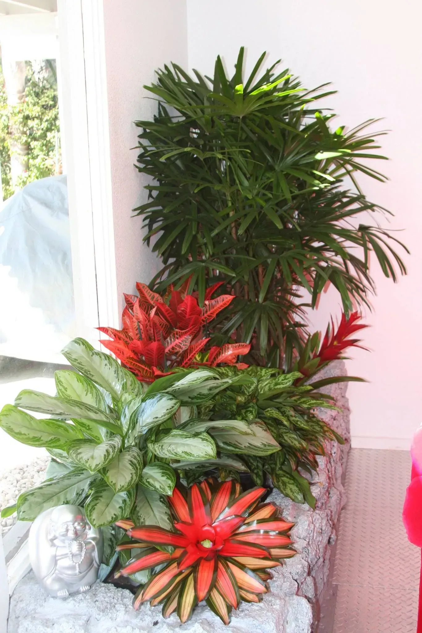 Planter with green and red plants against a white wall.