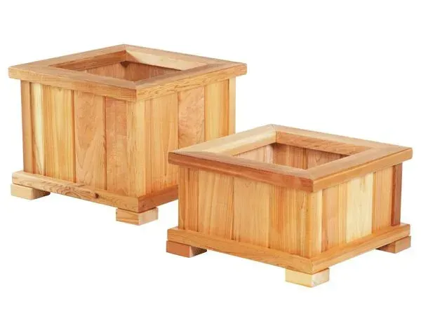 Two wooden square planters of different sizes.