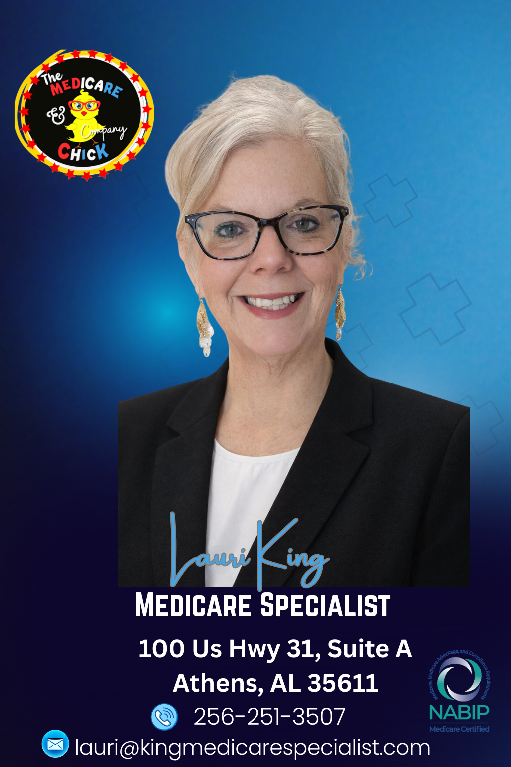 Laura King, Medicare Specialist, in a professional photo. Blue background. Contact info below.