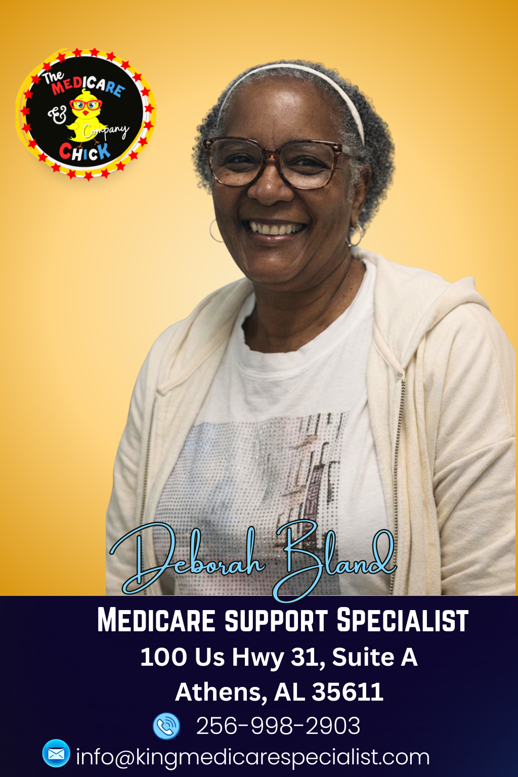 Woman smiling, Medicare Support Specialist. Contact info: 100 Us Hwy 31, Suite A, Athens, AL 35611.