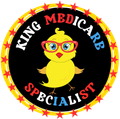 King Medicare Specialist logo: Yellow chick with glasses, surrounded by text and stars.