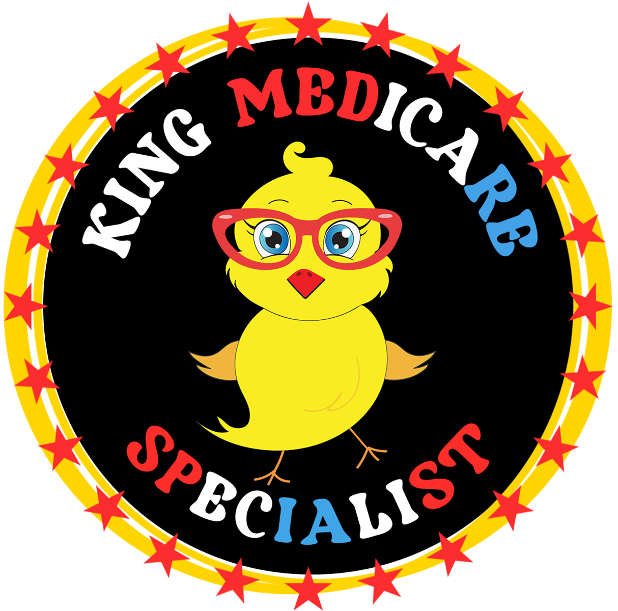 King Medicare Specialist logo: Yellow chick with glasses, surrounded by text and stars.