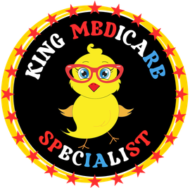 King Medicare Specialist logo: Yellow chick with glasses, surrounded by text and stars.