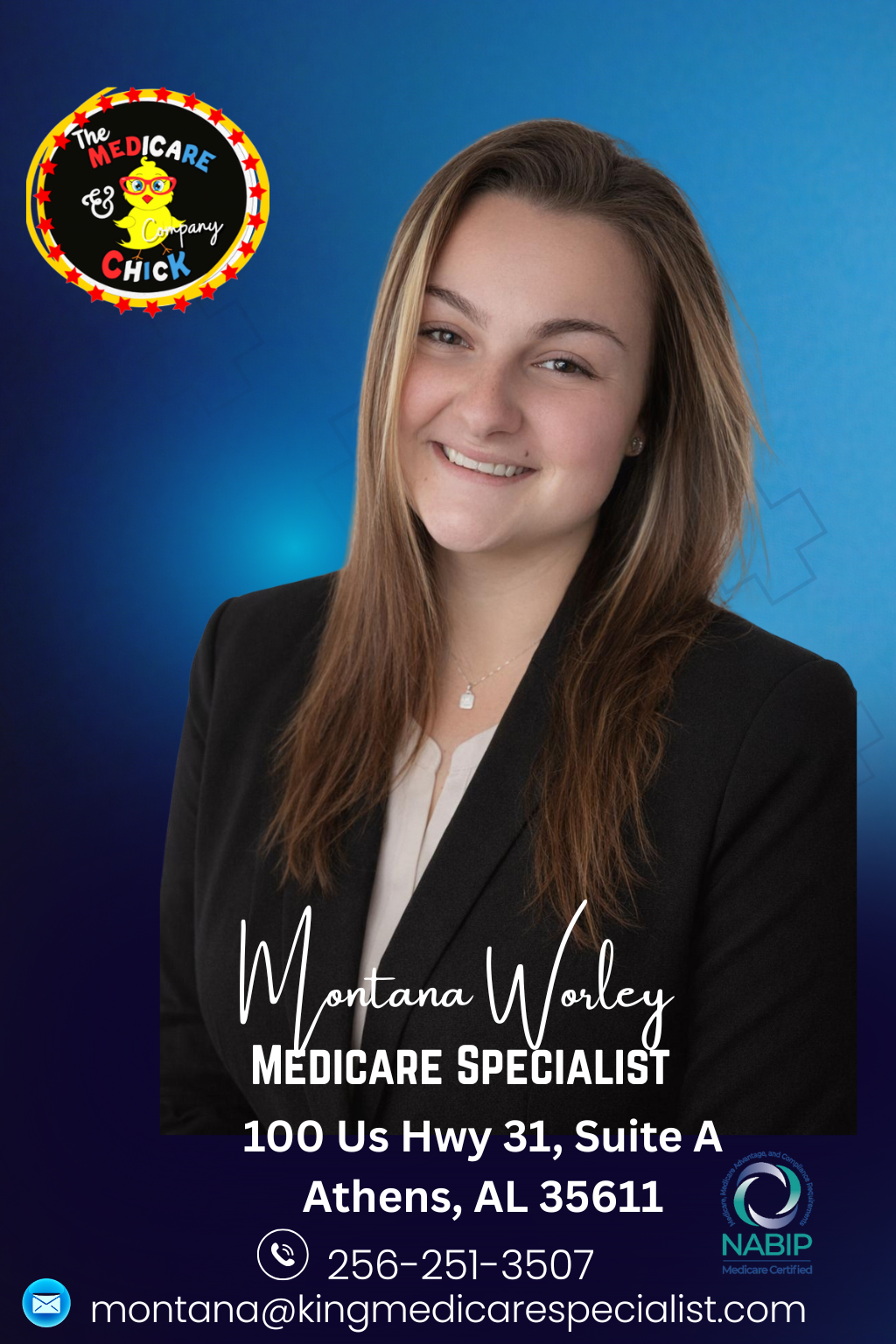 A young woman in a suit, Montana Worley, Medicare Specialist, with contact information.