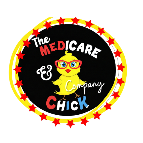 King Medicare Specialist logo: Yellow chick with glasses, surrounded by text and stars.