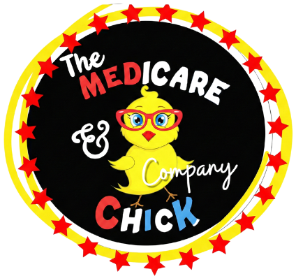 King Medicare Specialist logo: Yellow chick with glasses, surrounded by text and stars.