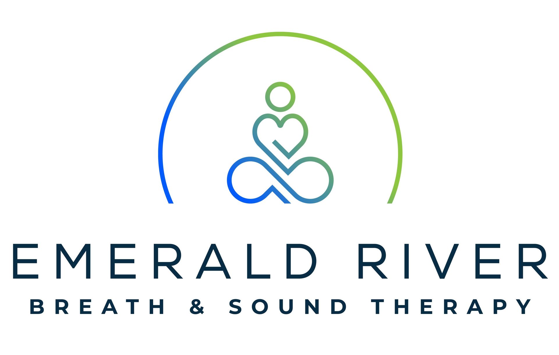 Logo: Emerald River, breath and sound therapy. Meditation symbol in a blue and green arc.