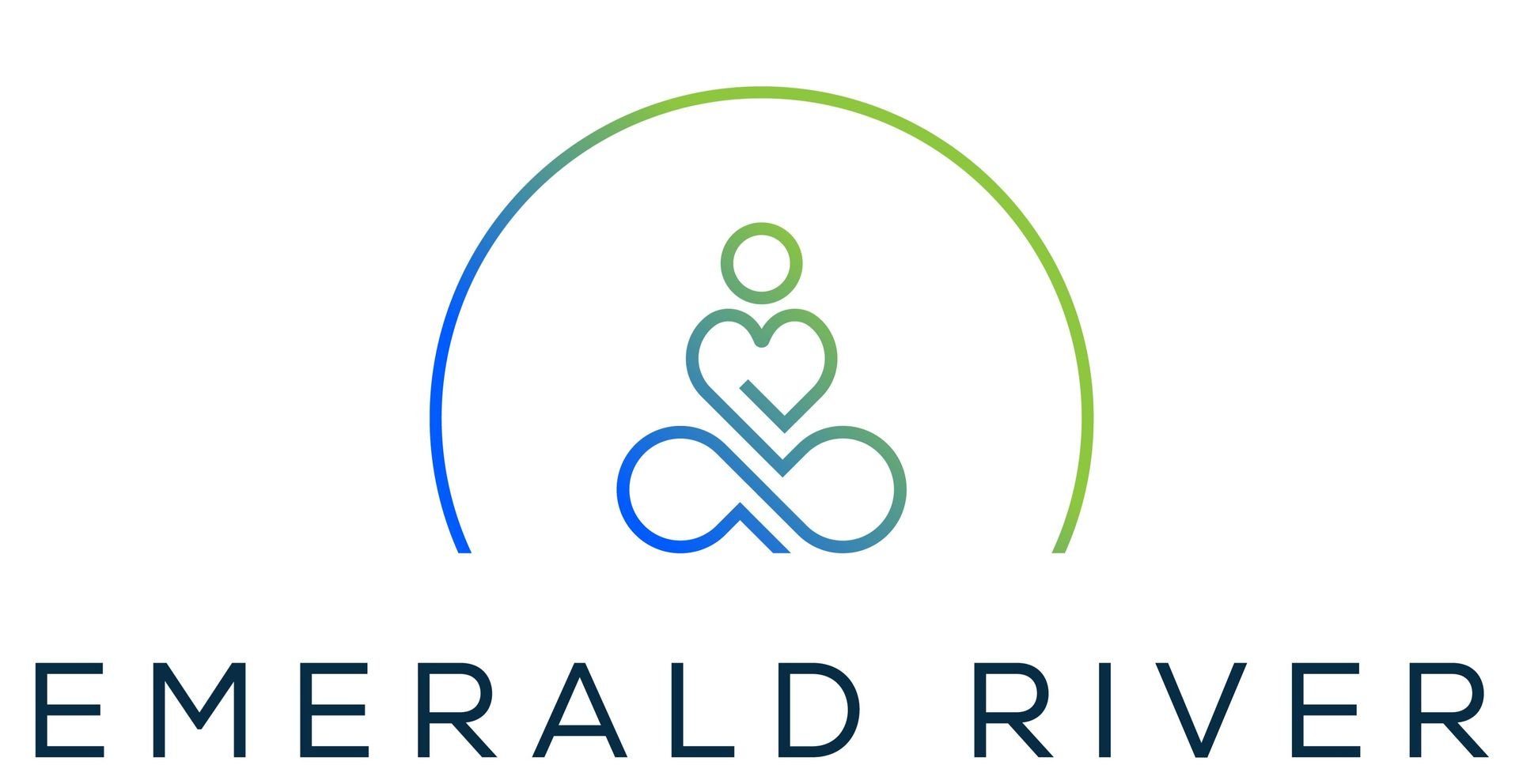 Logo: Emerald River, breath and sound therapy. Meditation symbol in a blue and green arc.