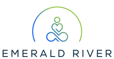 Logo: Emerald River, breath and sound therapy. Meditation symbol in a blue and green arc.