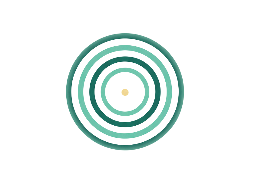 Concentric circles in shades of teal and green, with a small yellow dot in the center.