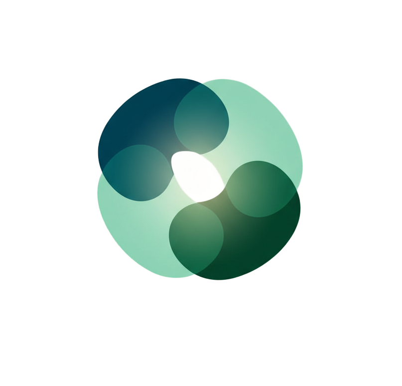 Abstract logo of four overlapping teal and green shapes, with a white center.