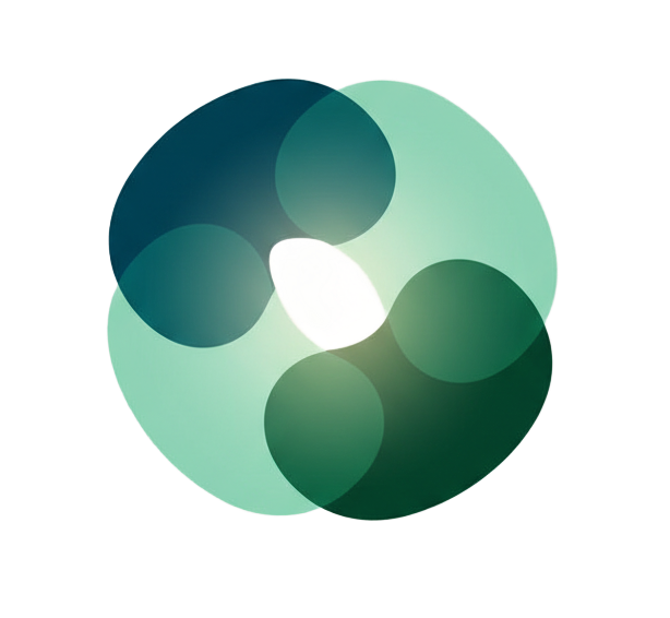 Overlapping teal and green abstract shapes forming a circular design, with a bright white center.
