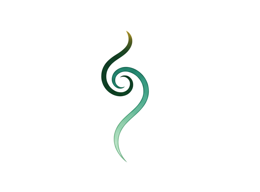 Swirling green and teal stylized leaf or flame design.