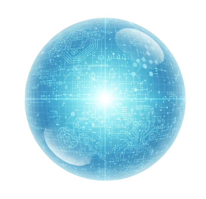 Blue, glowing sphere with circuit board patterns, bright center.