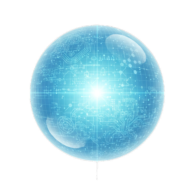 Blue sphere with circuit patterns and bright light at the center.