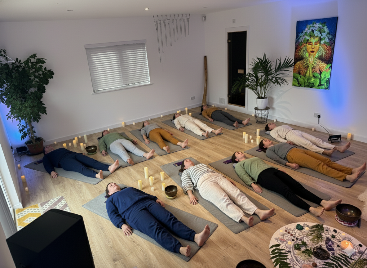 People in a candlelit room lying on mats, likely for a yoga or meditation session.