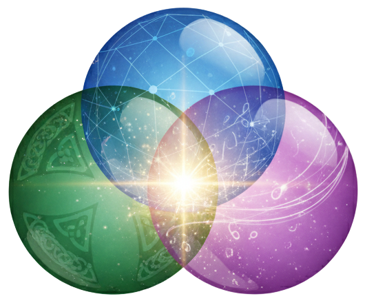 Three overlapping translucent spheres: green (Celtic pattern), blue (network), and purple (music notes), with a bright central light.