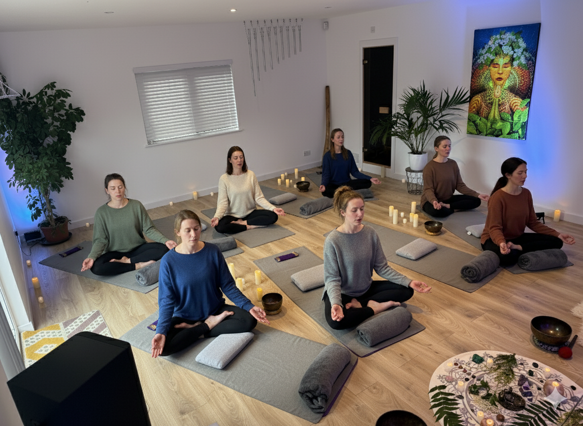 People meditating in a brightly lit yoga studio. Soft lighting, mats, bolsters, plants.