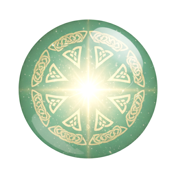 Green orb with gold Celtic knot design and bright center.