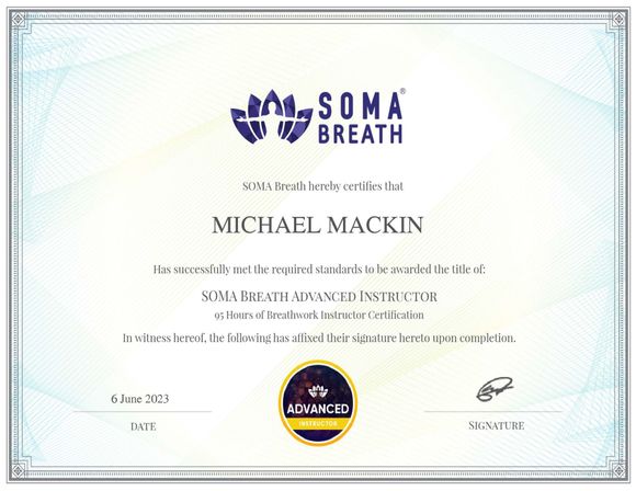 Certificate for Michael Mackin as a SOMA Breath Advanced Instructor. Features logo and certificate details.