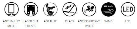 Icone per le caratteristiche: rete anti-infortunio, pilastri tagliati al laser, erba sintetica, vetro, vernice anticorrosiva