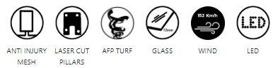 Icone con etichette di testo: rete anti-infortunio, pilastri tagliati al laser, manto erboso AFP, vetro, vento, LED.