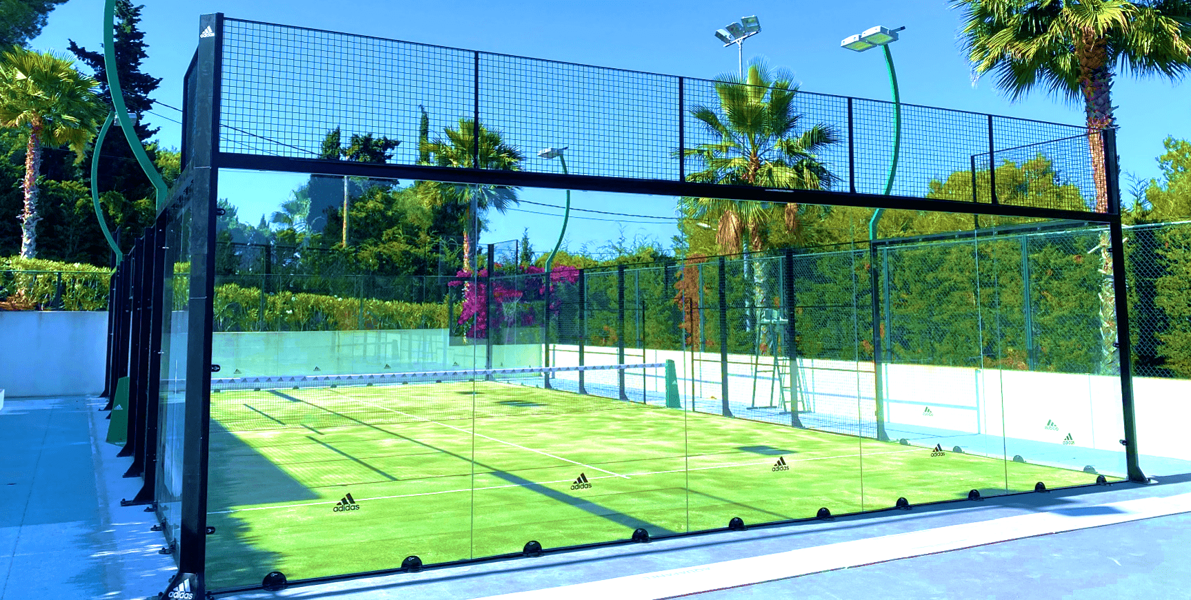 Campo da padel con pareti in vetro, rete nera e erba sintetica verde sotto un cielo limpido con palme.