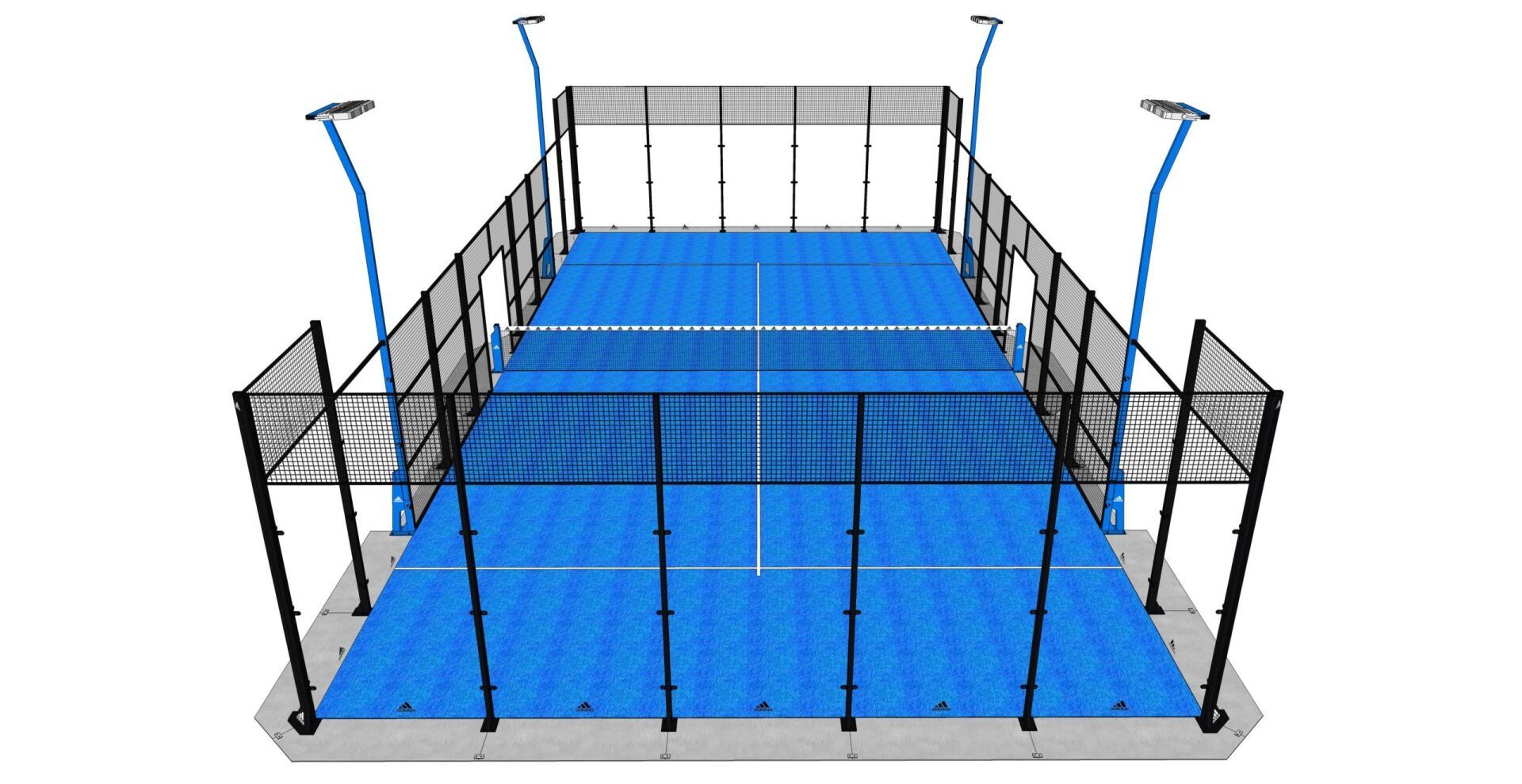 Campo da padel blu, recintato e dotato di illuminazione dall'alto.