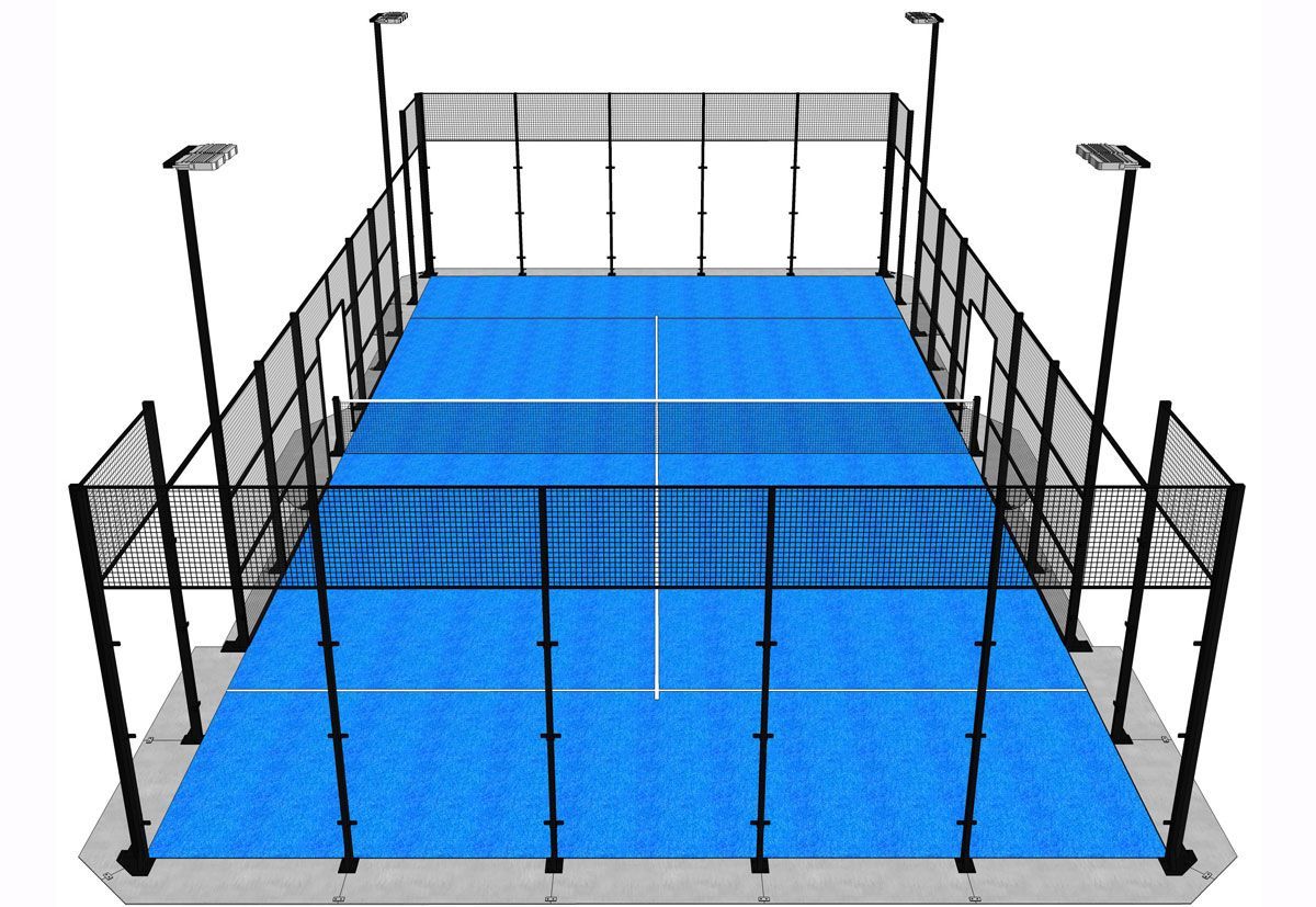 Campo da padel blu con pareti in vetro e illuminazione.
