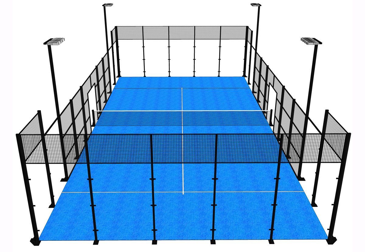 Campo da padel blu con recinzione, rete e illuminazione nere.