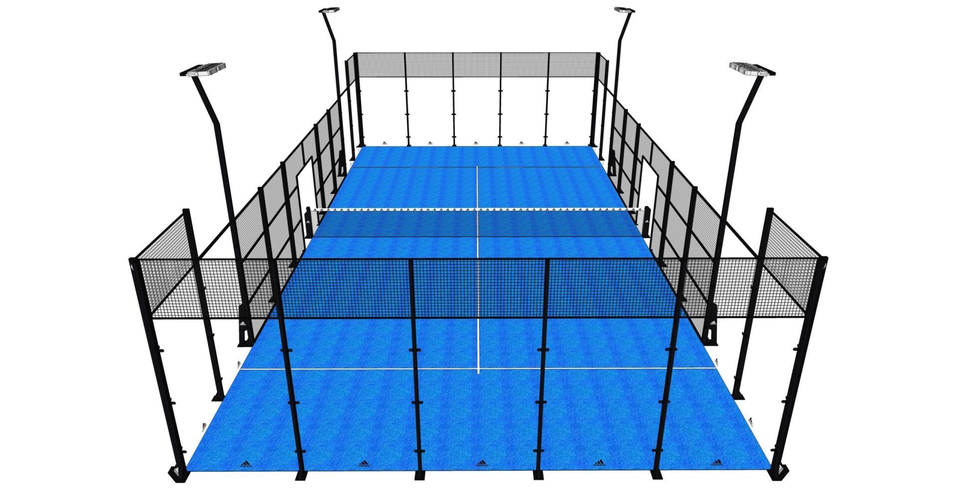 Campo da padel blu con rete, recinzioni perimetrali e illuminazione dall'alto.