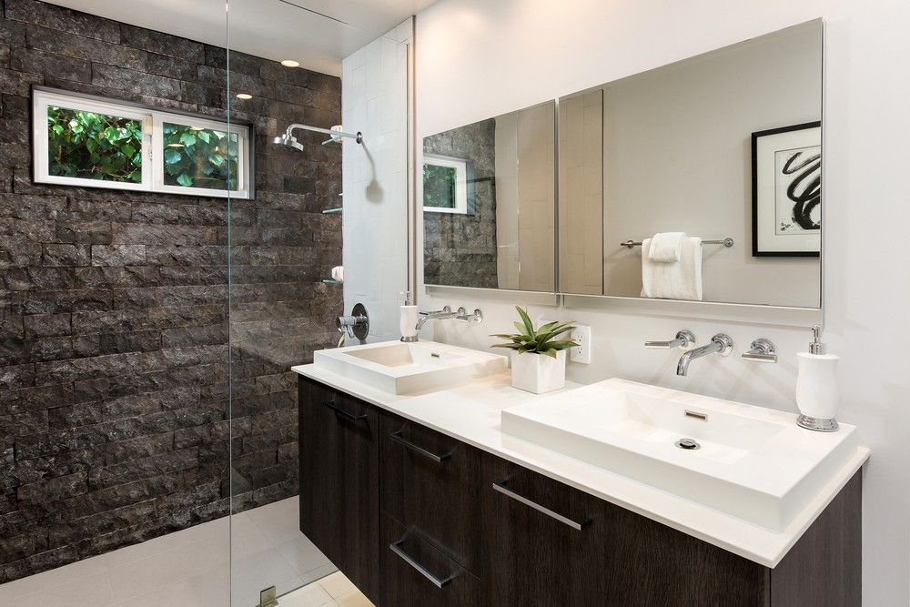 A Bathroom With Two Sinks, a Mirror and a Walk in Shower — Elite Stone in Byron Bay, NSW