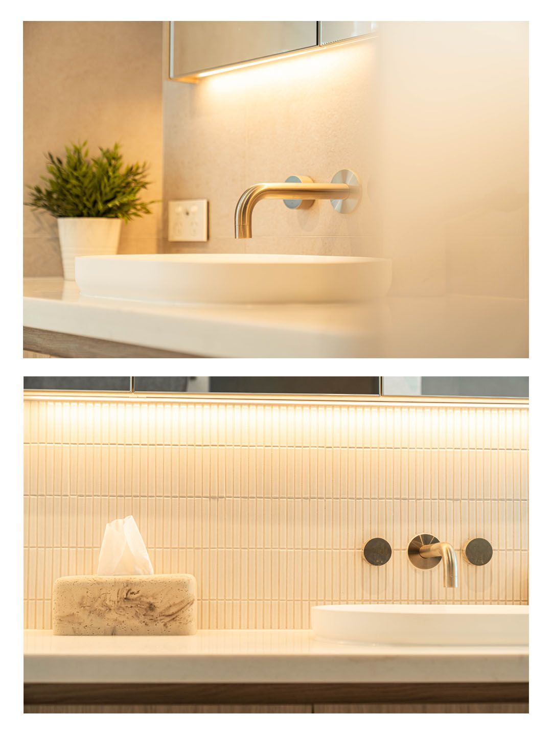 Two Bathroom Vanity Setups Featuring Neutral Stone Basins — Elite Stone in Tweed Heads South, NSW