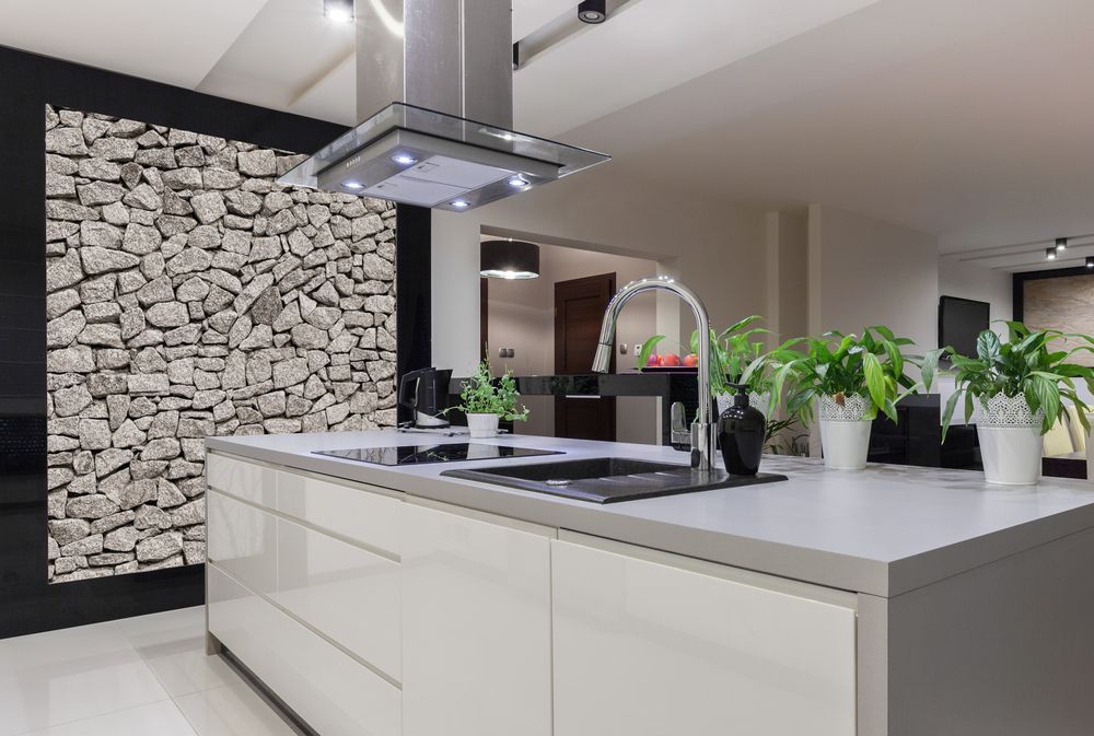 Modern Kitchen With Stone Accent Wall