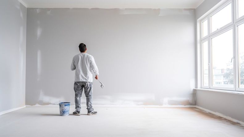 Painter rolling white paint on a wall in a bright, empty room