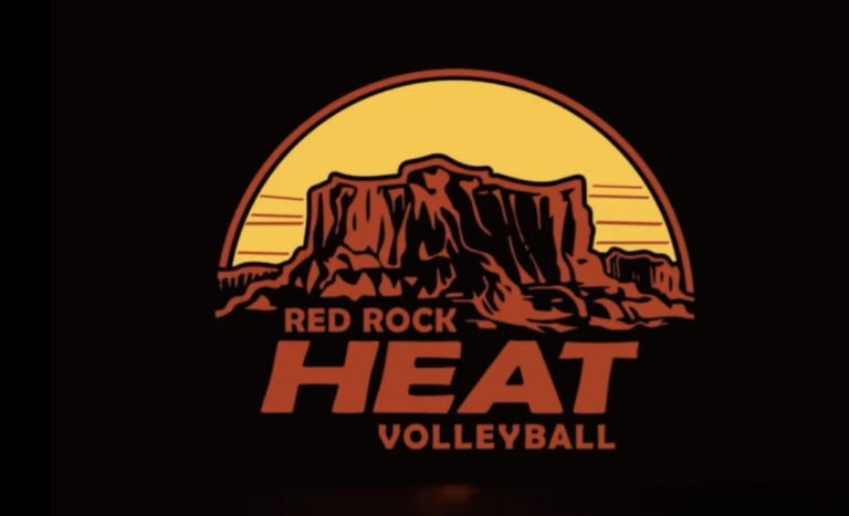 A logo for red rock heat volleyball with a mountain in the background