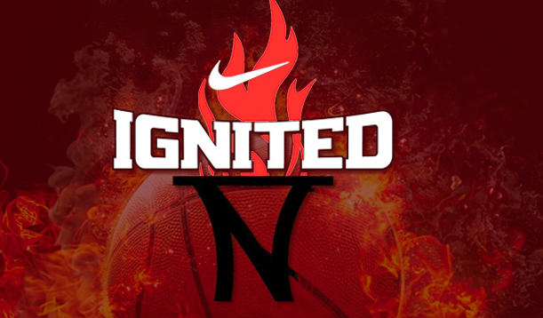 A logo for ignited n with a basketball in the background