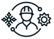 A line drawing of a man wearing a hard hat and gears.