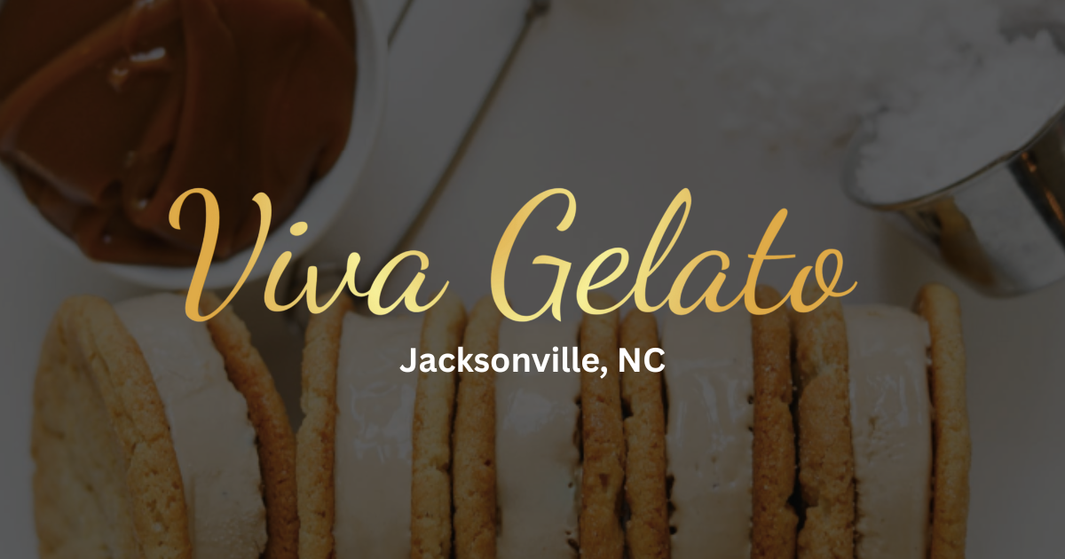 Viva Gelato logo in gold script with ice cream cone icon on a dark background