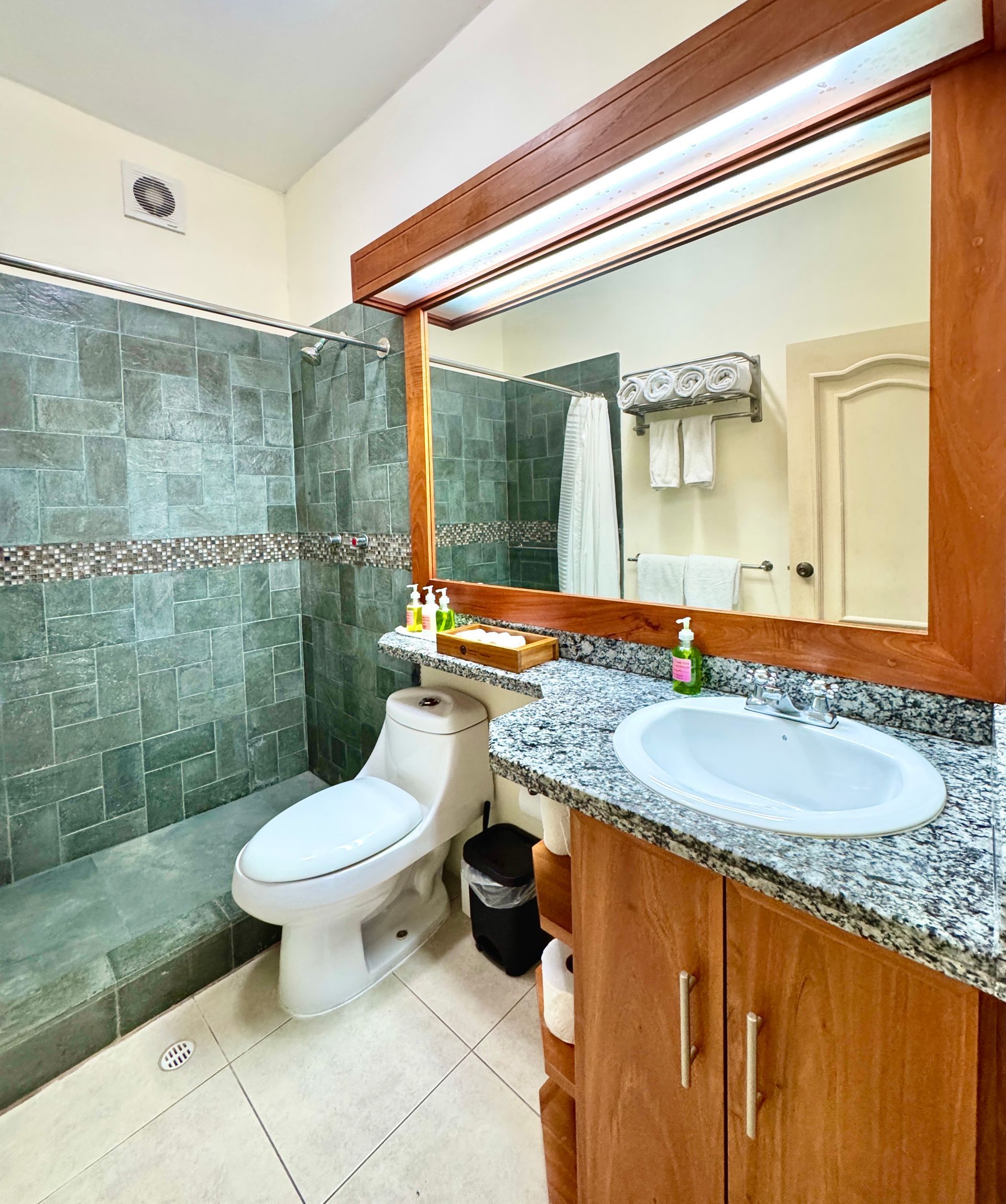 Bathroom with a toilet, shower, vanity with a sink, and large mirror in a room with tile and wooden accents.
