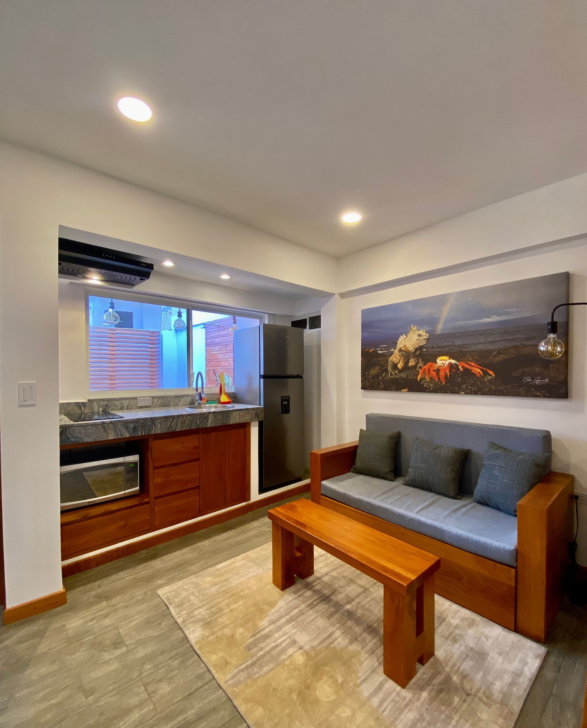 Cozy studio apartment with a kitchenette, living area with sofa, and a painting. Wooden furniture and a grey color scheme.