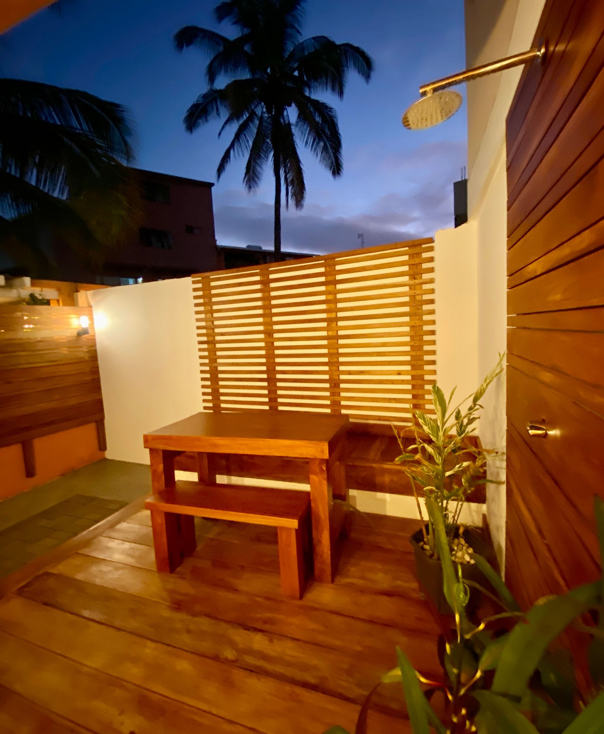 Outdoor wooden patio with a table and bench, bamboo screen, shower head, and palm tree at dusk.