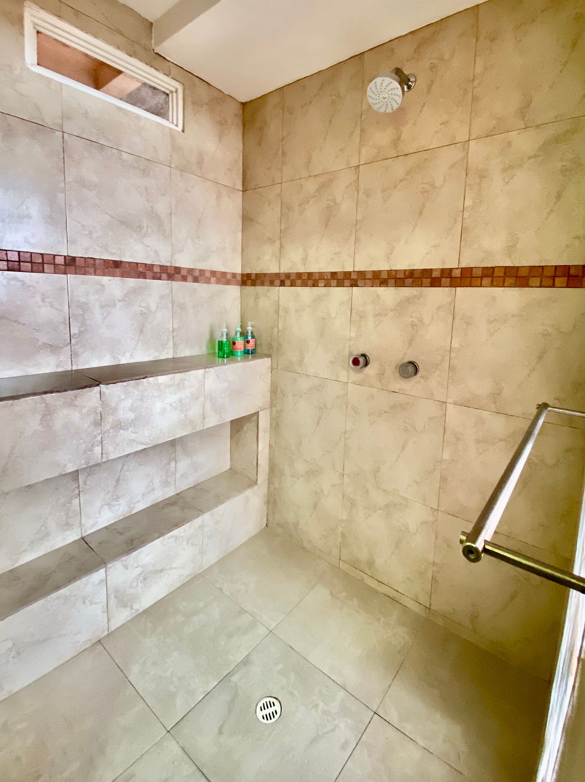 A bathroom with a walk in shower and a sink.