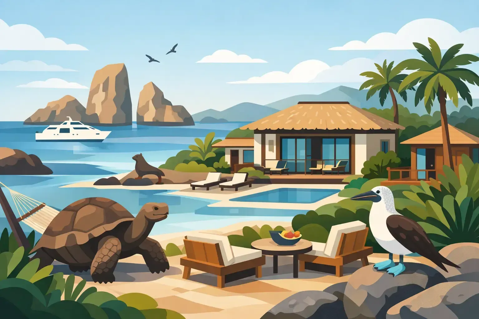 Galapagos hotel art yacht, palm trees, and giant tortoises on the shore