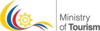 A logo for the ministry of tourism with a sun in the middle.