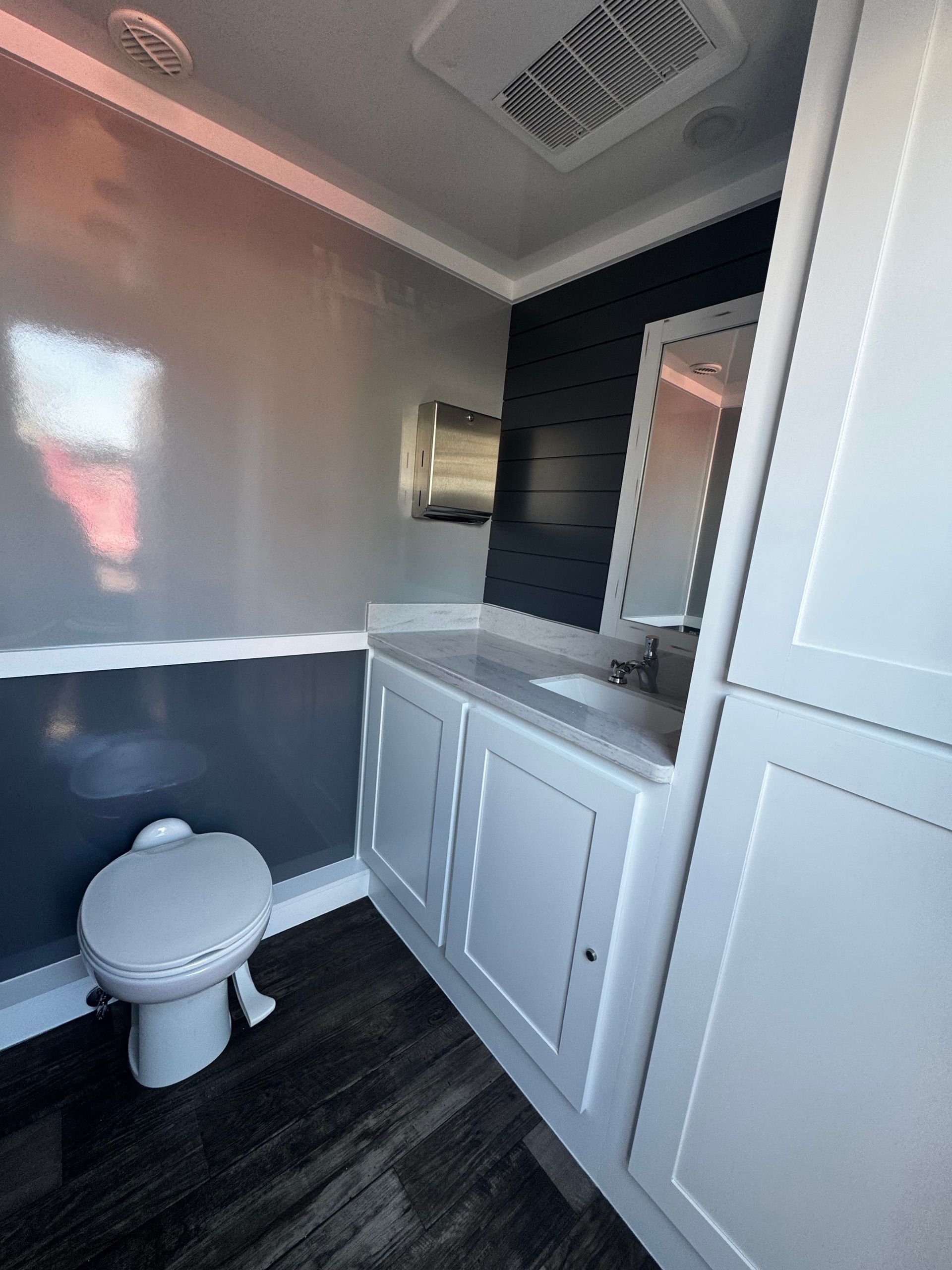 Bathroom interior with toilet, vanity, and dark wood-look flooring. Gray, white, and navy color scheme.