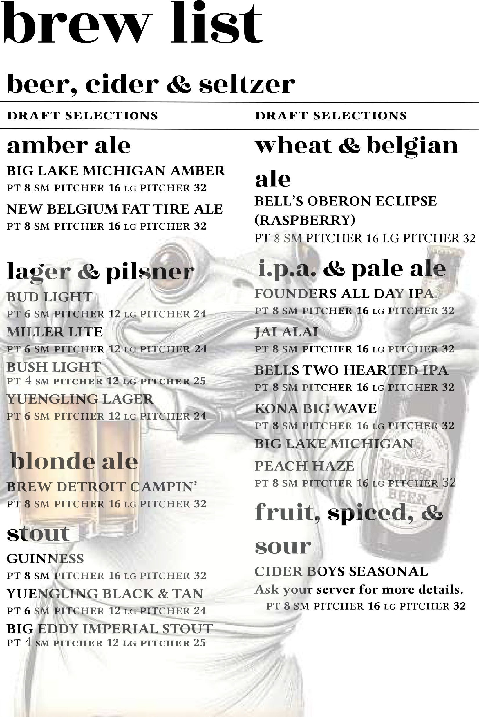 A restaurant brew list menu featuring categories of beer, cider, and seltzer, with a frog graphic watermark in the center.