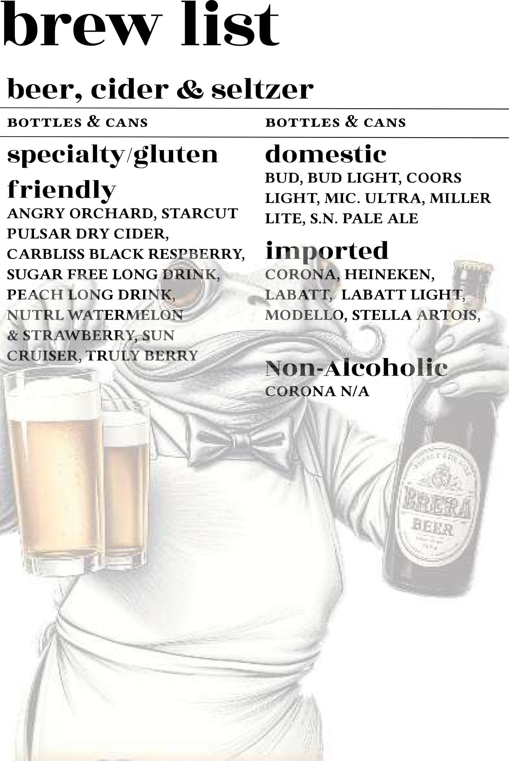 A menu for beer, cider, and seltzer, illustrated with a drawing of a frog holding a beer and glasses of beer.
