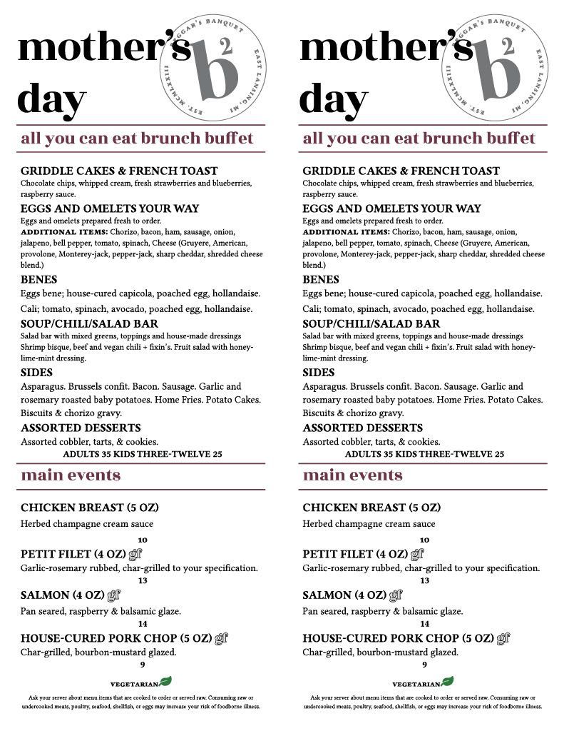 A menu for a Mother's Day all-you-can-eat brunch buffet, listing breakfast items, salads, and main course options.