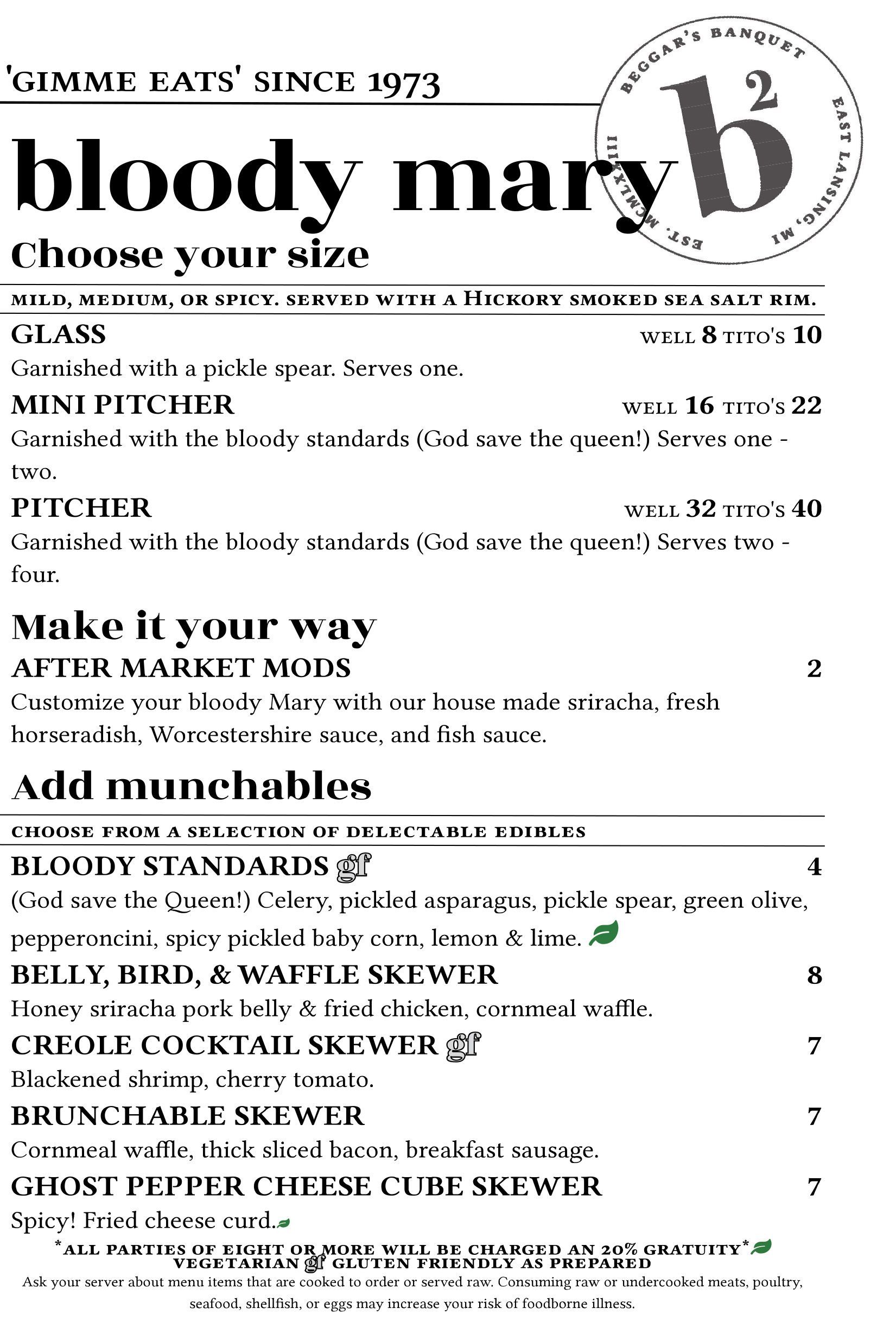 A Bloody Mary menu listing sizes, customizations, and food skewer add-ons with prices, titled 